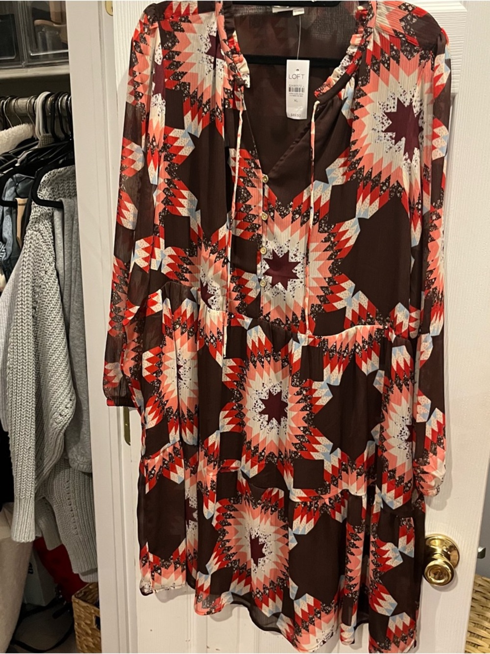 LOFT Brown Printed Patchwork V-Neck Dress